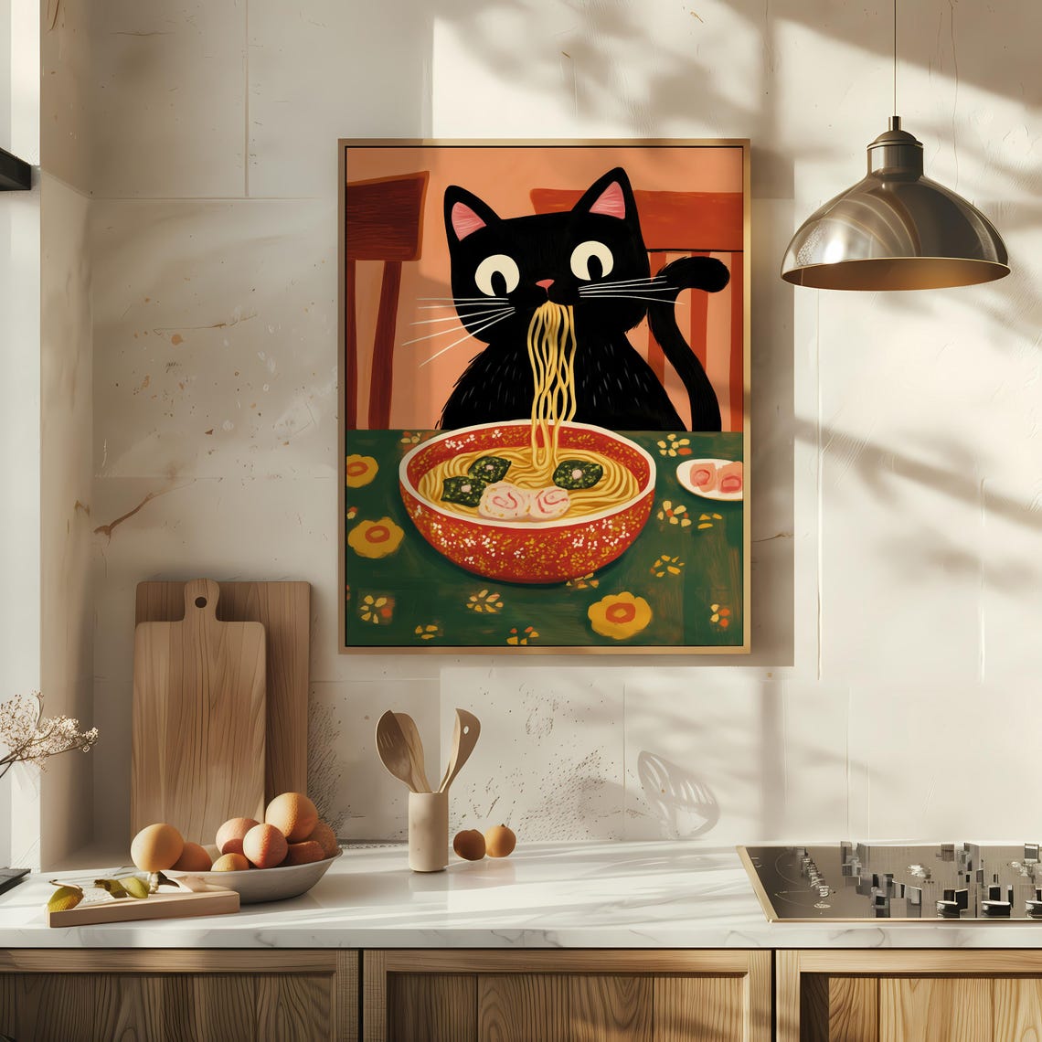 Black Cat Eating Ramen Noodles Cute Cartoon Kitchen Art Poster - Image 3