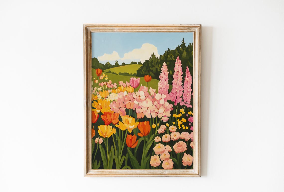 Colorful Wildflower Field With Tulips Under Blue Sky Art Poster