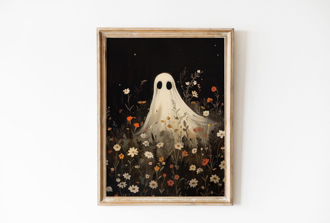 White Ghost In Wildflower Field At Night Spooky Cute Art Poster