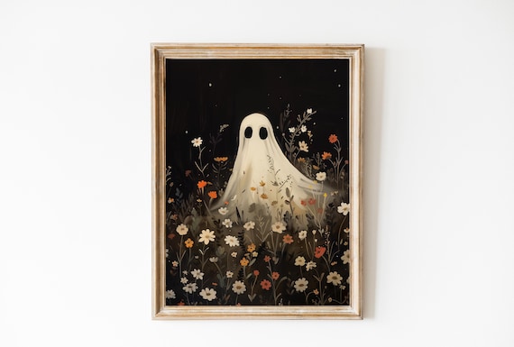 White Ghost In Wildflower Field At Night Spooky Cute Art Poster