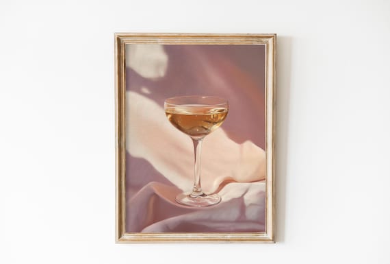 Retro Golden Cocktail Coupe Glass On Blush Pink Bar Cart Wall Art