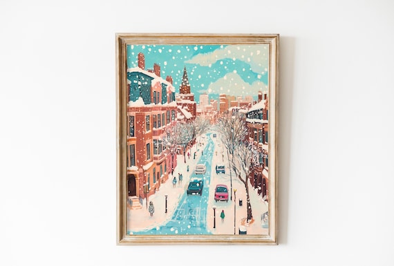 Vintage Boston Snowy Brownstone Street Christmas Town Poster