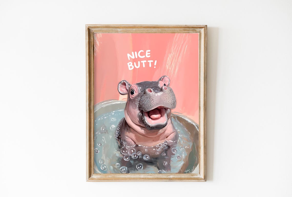 Nice Butt Funny Baby Hippo In Bubble Bath Pink Quote Art Poster