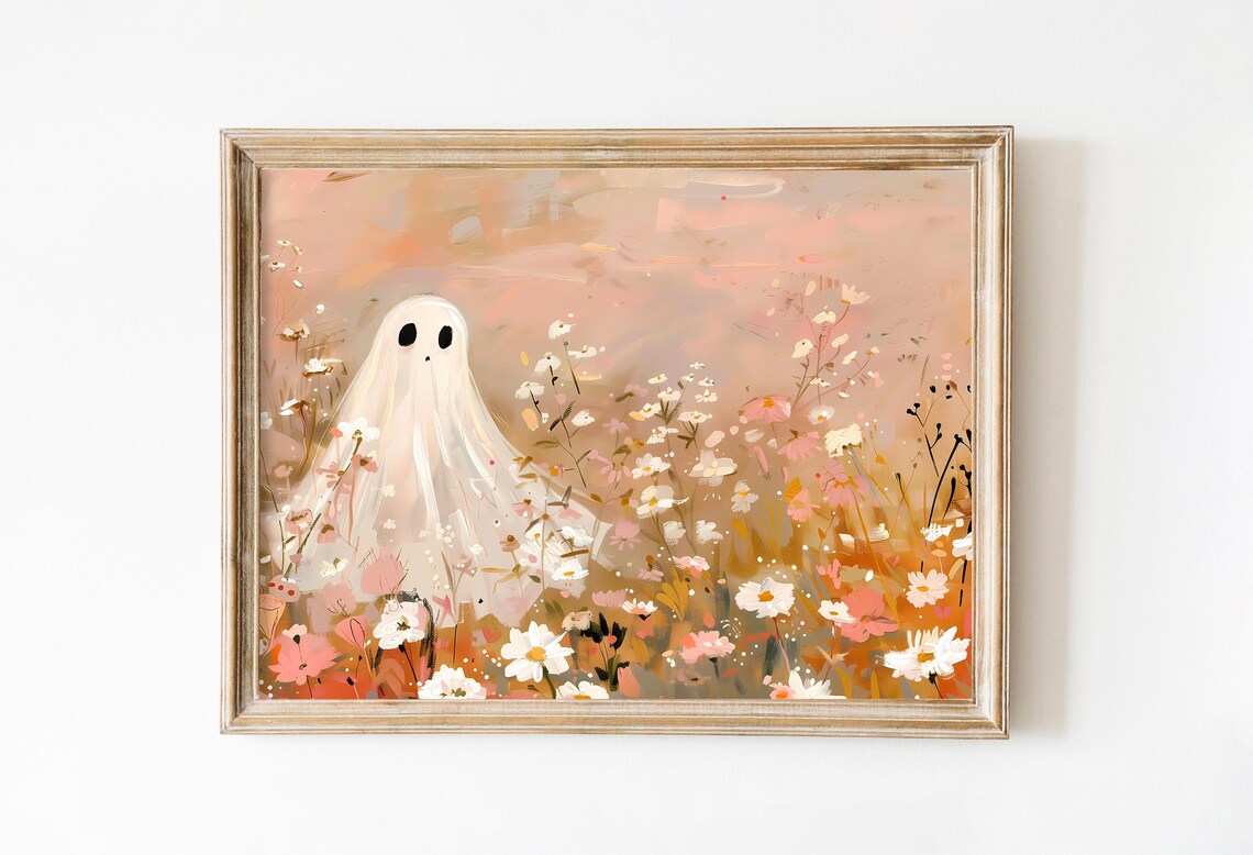 Vintage Pink Flowers Ghost Art Print, Coquette Halloween