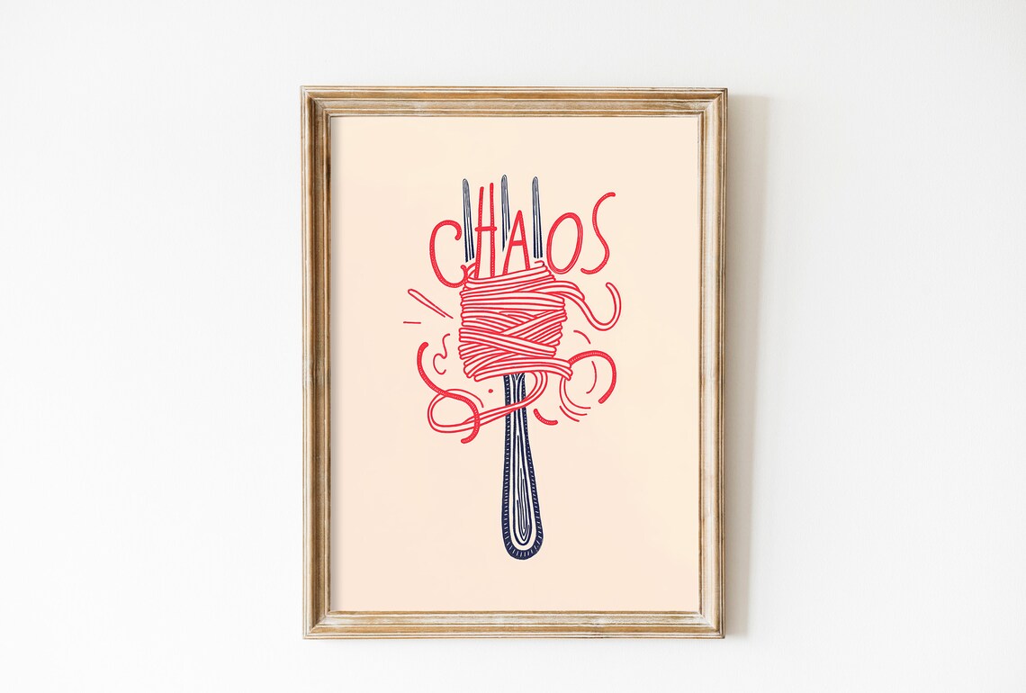 Chaos Spaghetti Twirl Fork Funny Foodie Retro Kitchen Art Poster