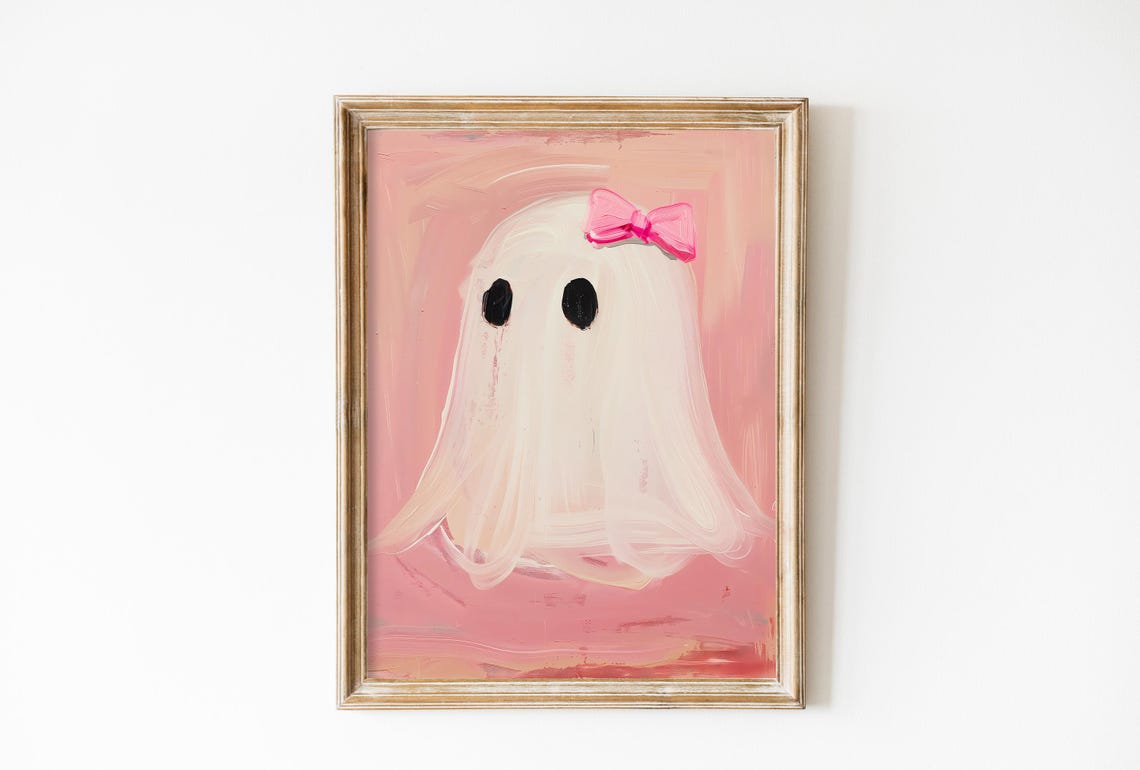 Cute White Ghost Pink Bow Pink Background Halloween Art Poster