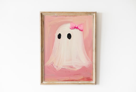 Cute White Ghost Pink Bow Pink Background Halloween Art Poster