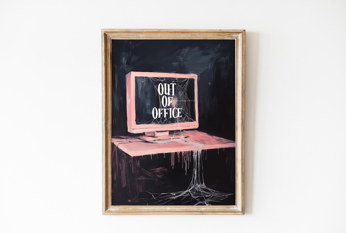 Out Of Office Pink Computer Monitor With Cobwebs Halloween Poster