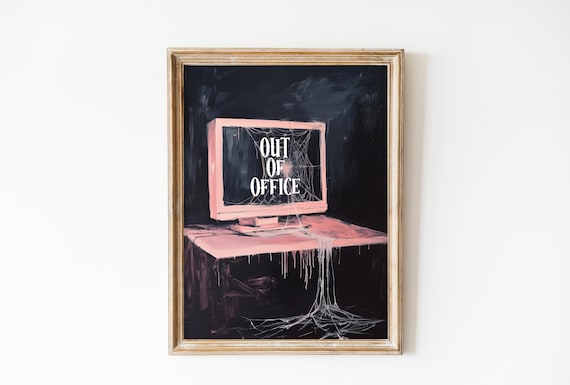 Out Of Office Pink Computer Monitor With Cobwebs Halloween Poster