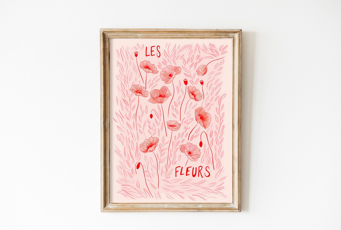 Les Fleurs Pink Poppies Botanical Sketch Floral Market Poster