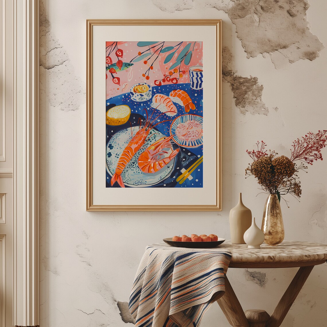 Japanese Sushi Shrimp Seafood Flatlay Cute Pink Kitchen Art Poster - Image 2