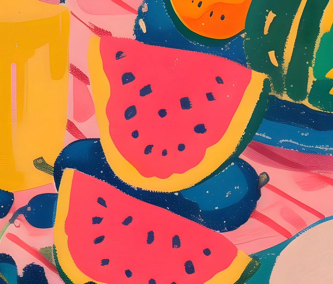 Watermelon Summer Fruit Flatlay Vivid Pink Tropical Kitchen Art Poster - Image 3