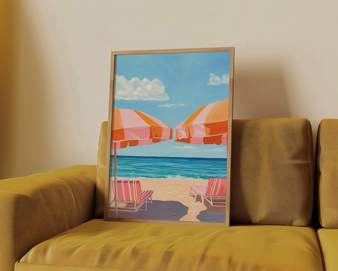 Striped Beach Umbrellas on Sunny Coast Summer Seaside Travel Poster - Image 4