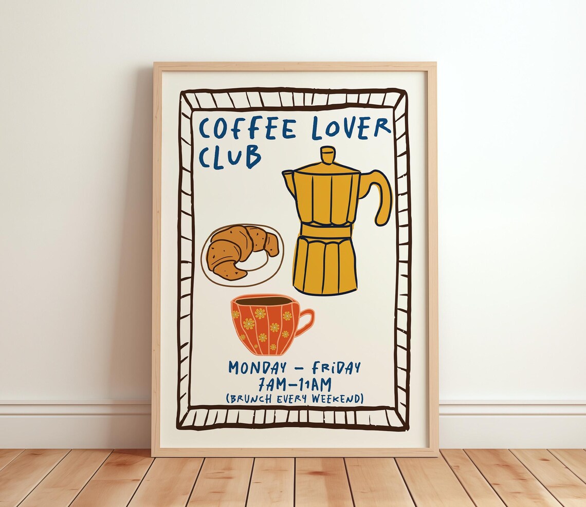 Coffee Lover Club Moka Pot Croissant Hand Drawn Retro Kitchen Poster Art