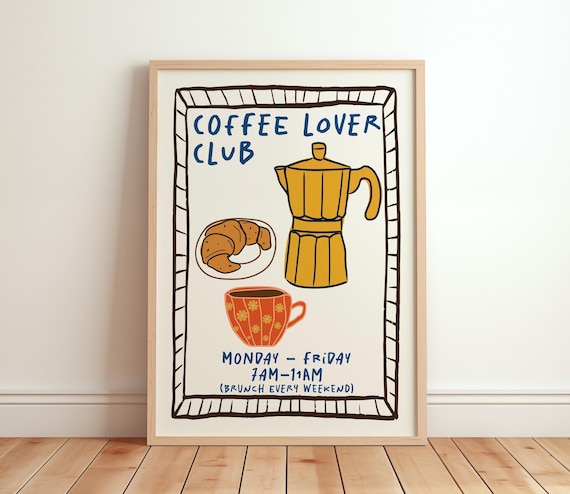 Coffee Lover Club Moka Pot Croissant Hand Drawn Retro Kitchen Poster Art