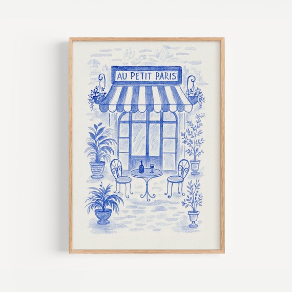 Au Petit Paris Blue Watercolor French Cafe Storefront Poster