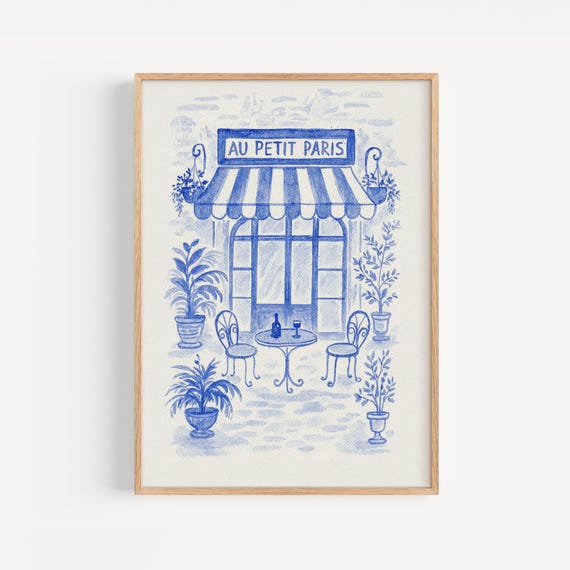 Blue Cafe Paris Print Cottage Core Decor French Art Home Wall European Street Scene Coffee Bar Vintage Kitchen