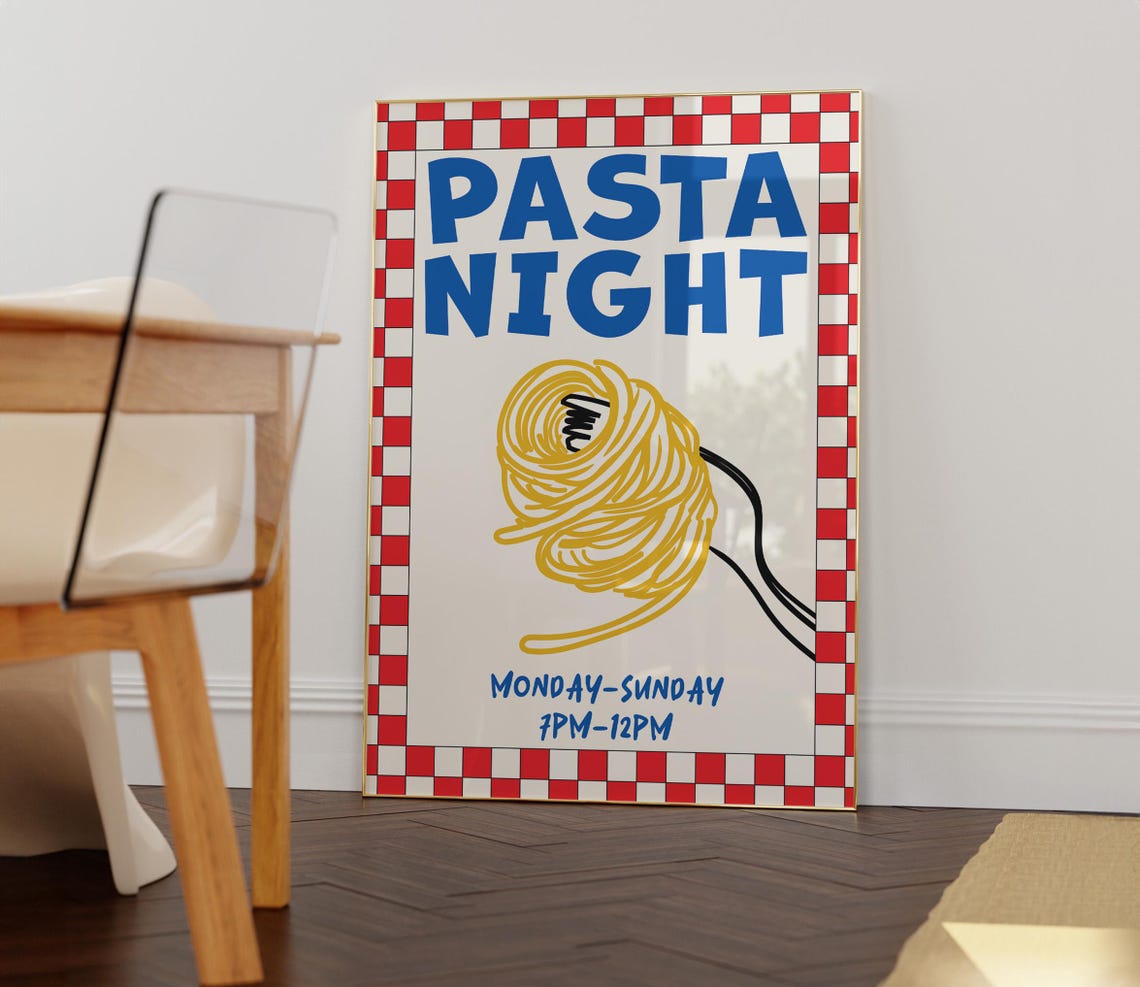 Retro Pasta Night Pop Art With Checkered Border Kitchen Poster
