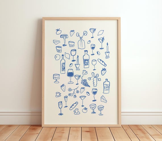 Retro Dinner Table Print Food And Drinks Illustrations Poster Maximalist Kitchen Gallery Wall Art Apartment Decor Bar Cart