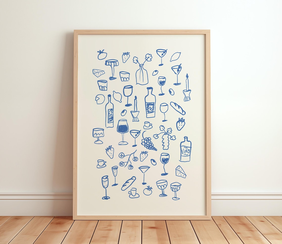 Retro Dinner Table Print Food And Drinks Illustrations Poster Maximalist Kitchen Gallery Wall Art Apartment Decor Bar Cart