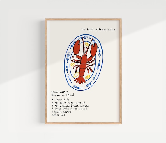 Lemon Lobster Recipe Print French Cuisine Art Kitchen Wall Decor Modern Illustration Colorful Seafood Poster Foodie