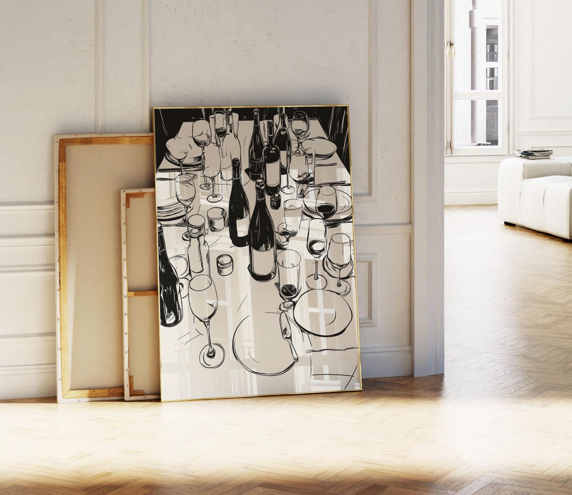 Dinner Party Sketch Wine Bottles Festive Tablescape Line Art Poster
