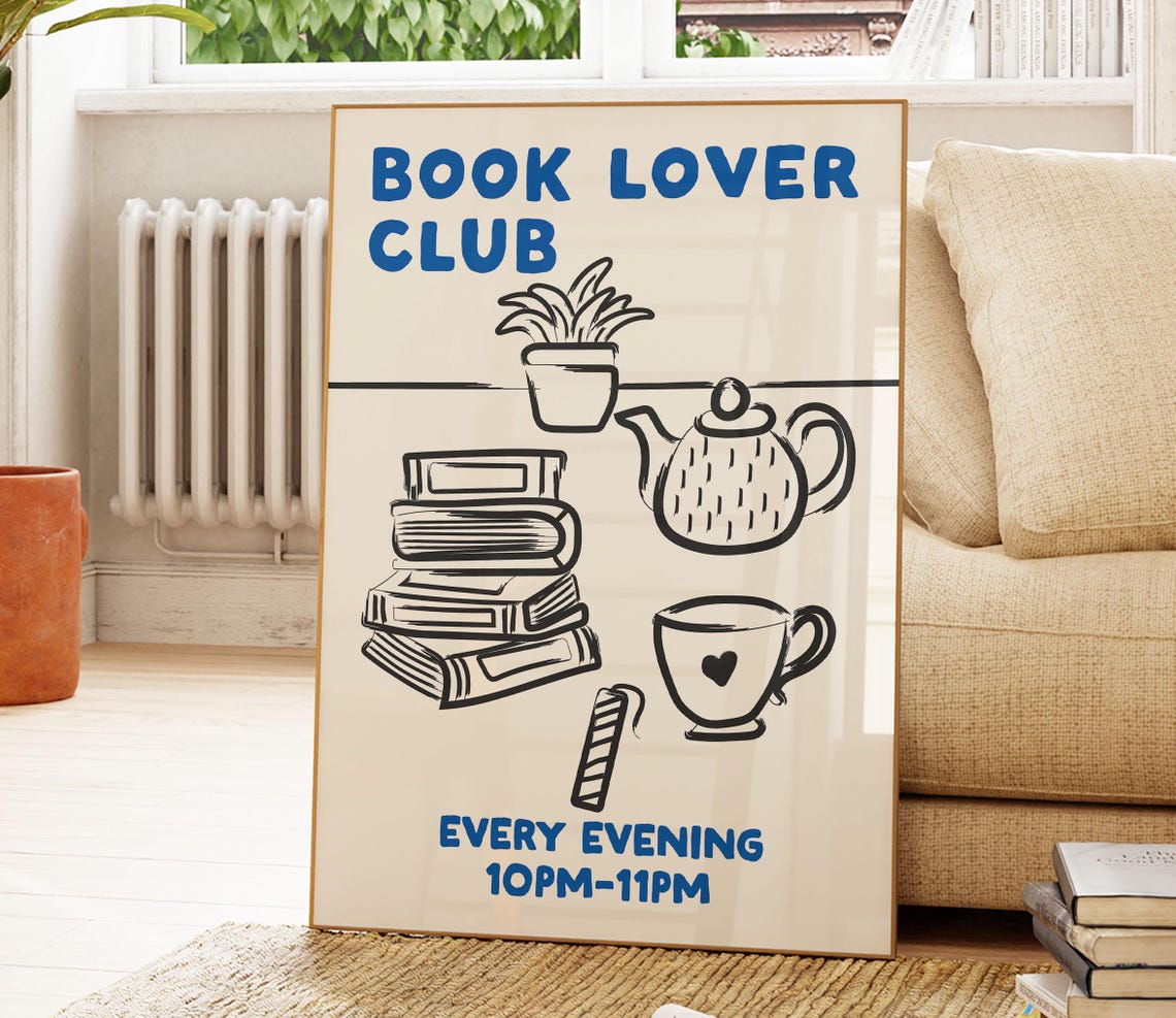 Book Lover Club Witty Hand Drawn Reading Poster with Teapot Art