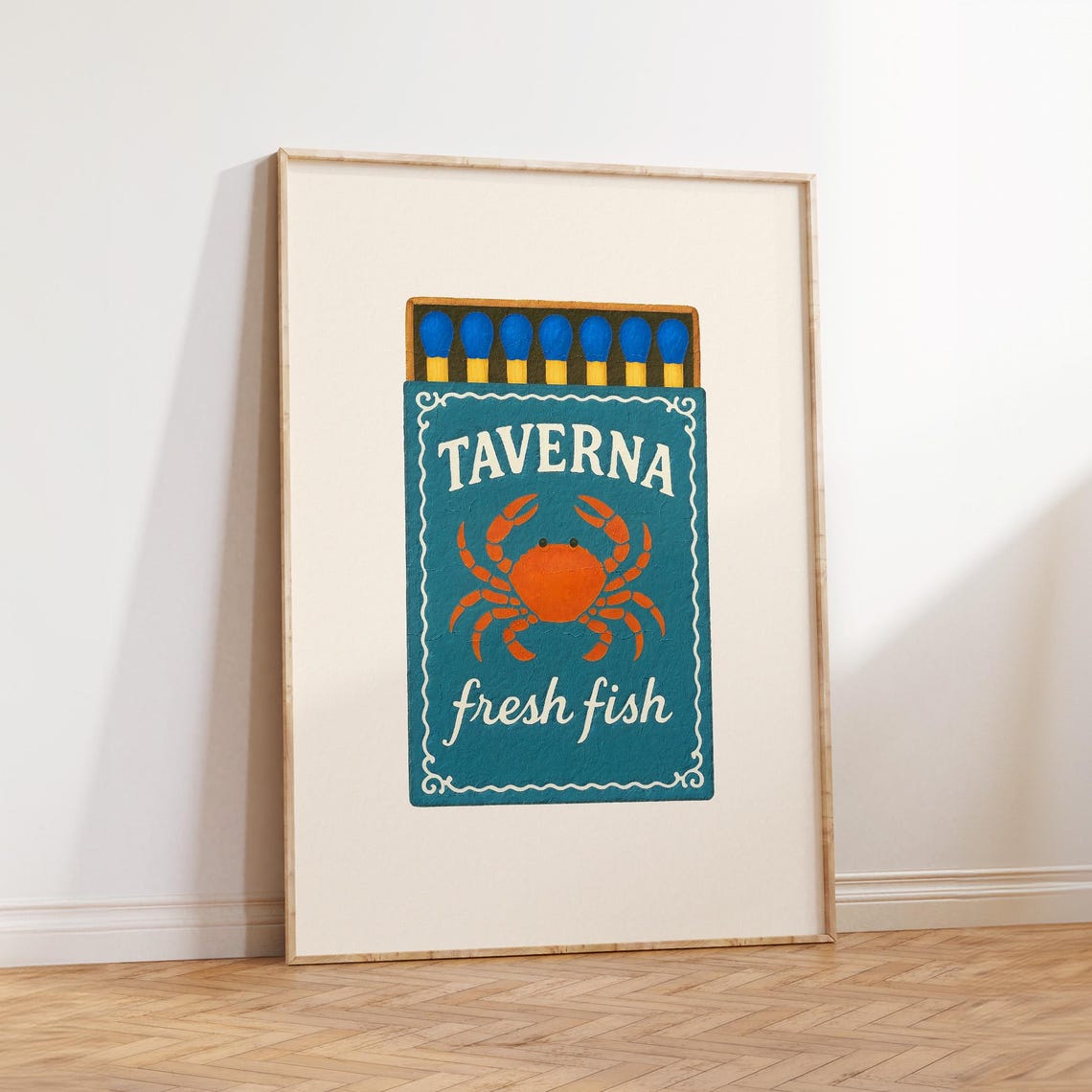 Taverna Fresh Fish Crab Matchbox Retro Matchbook Coastal Art Poster