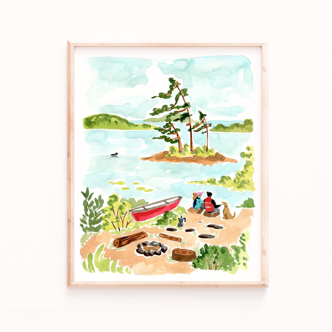 Camping At The Lake Art Print, Couple and Dog Canoe
