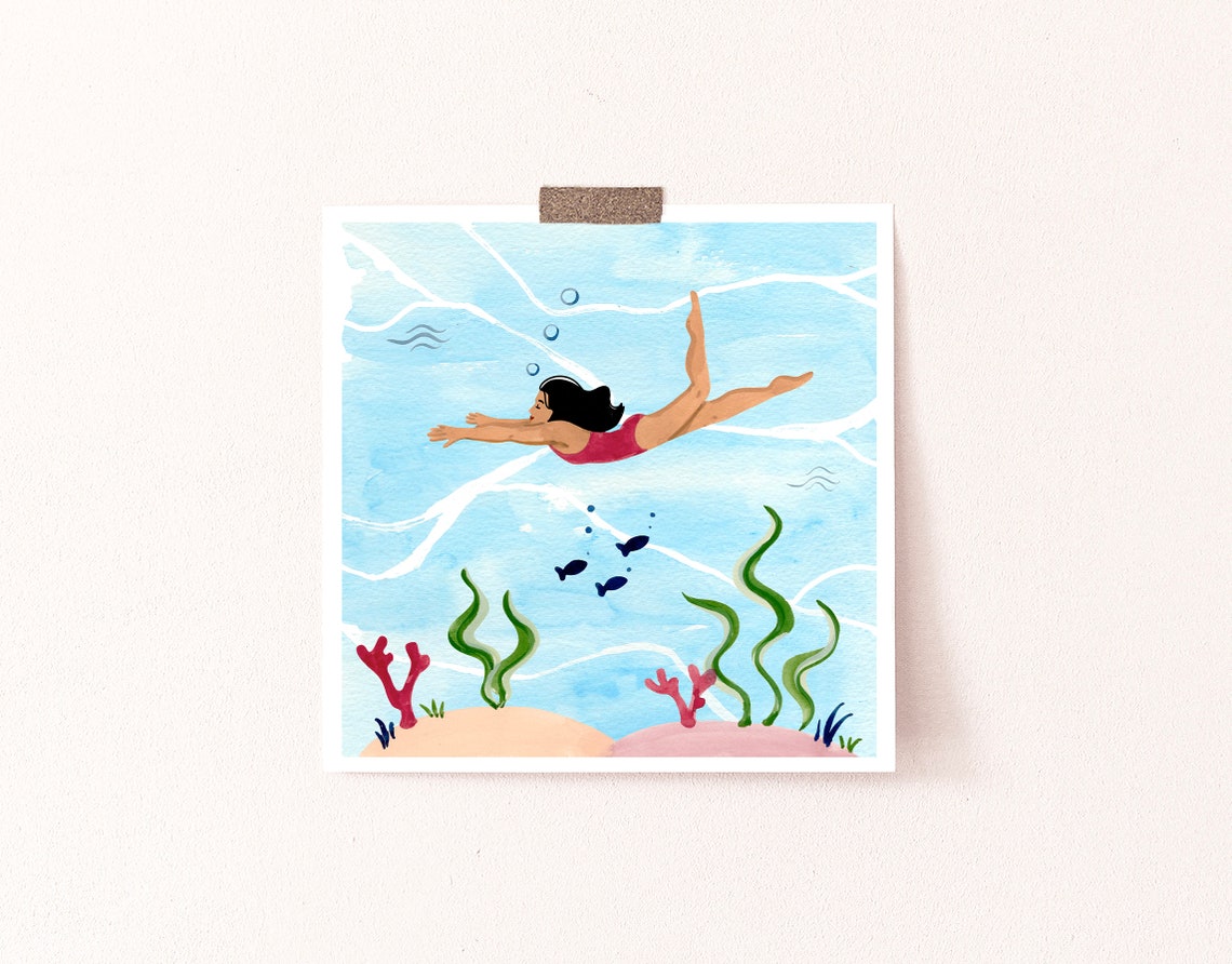 Woman Swimming Underwater Ocean Coral Watercolor Art Square Print - Image 4