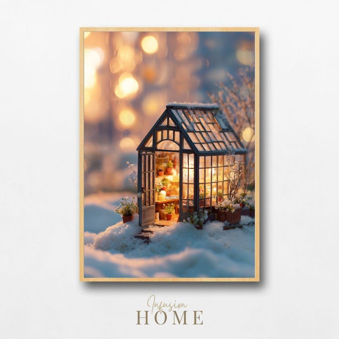 Glowing Miniature Winter Greenhouse Snowy Night Landscape Print