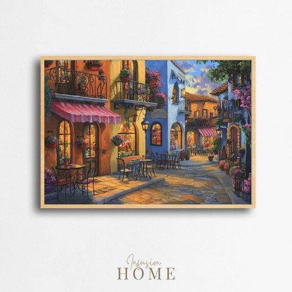 Colorful European Cafe Street Scene Cobblestone Alley Dusk Poster