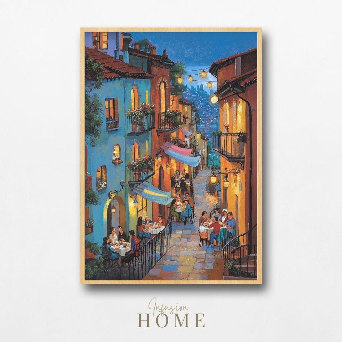European Cafe Night Scene Moonlit Terrace Diners Glow Art Poster