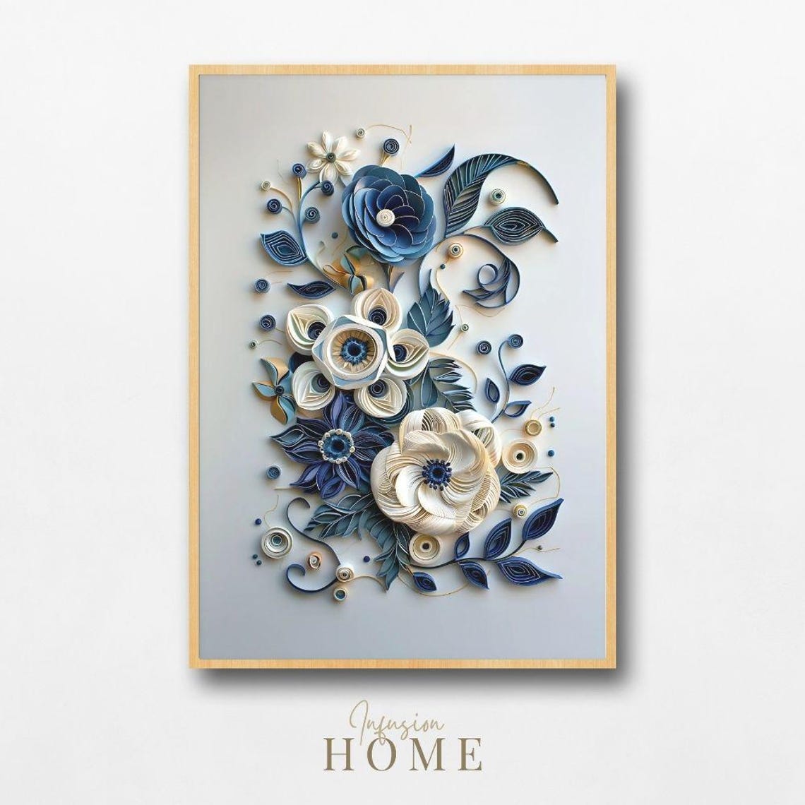 Navy Blue Paper Quilling Floral Art 3D Quilled Botanical Poster
