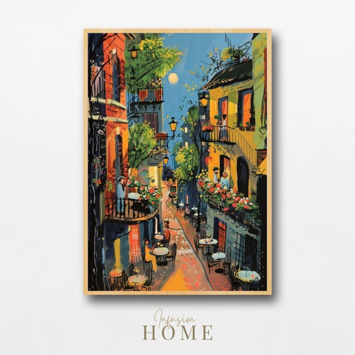 Moonlit European Village Cafe Street Romantic Night Scene Poster