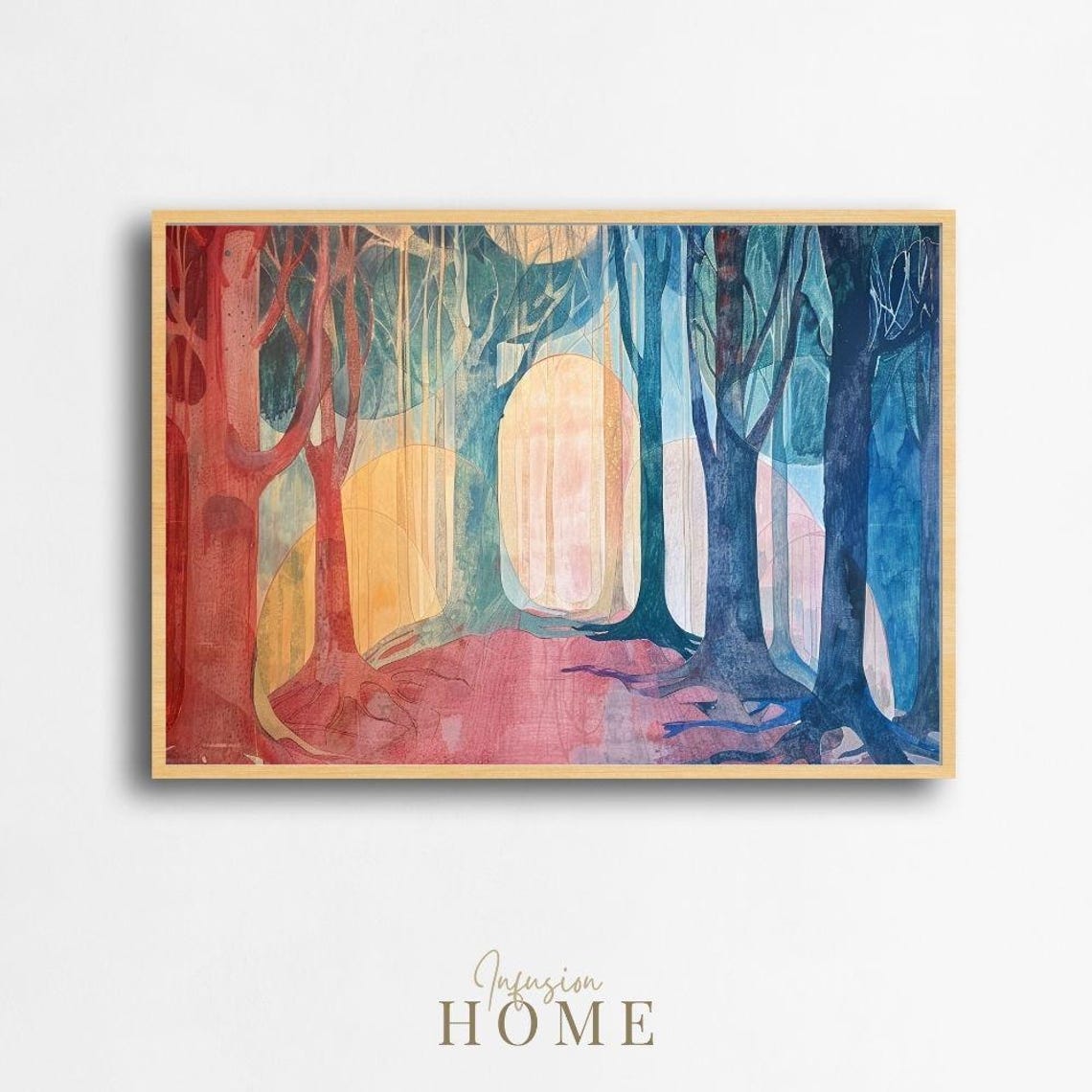 Colorful Abstract Forest Trees Glowing Light Orbs Art Poster