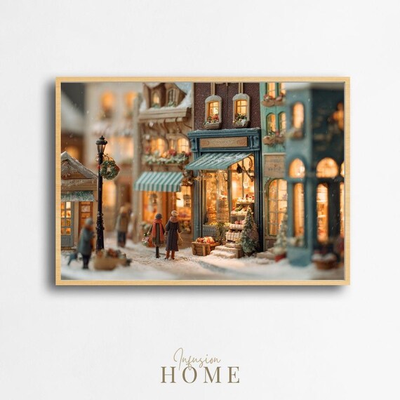 Glowing Snowy Miniature Village Bakery Street at Night Print