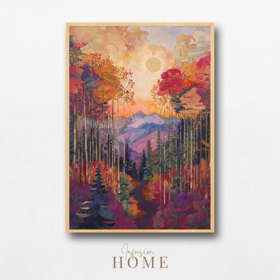 Autumn Forest Trail Sunset Mountain Colorful Landscape Art Poster
