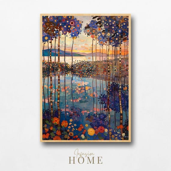 Sunset Forest Wall Art Of Blue Trees Wildflowers And Reflections