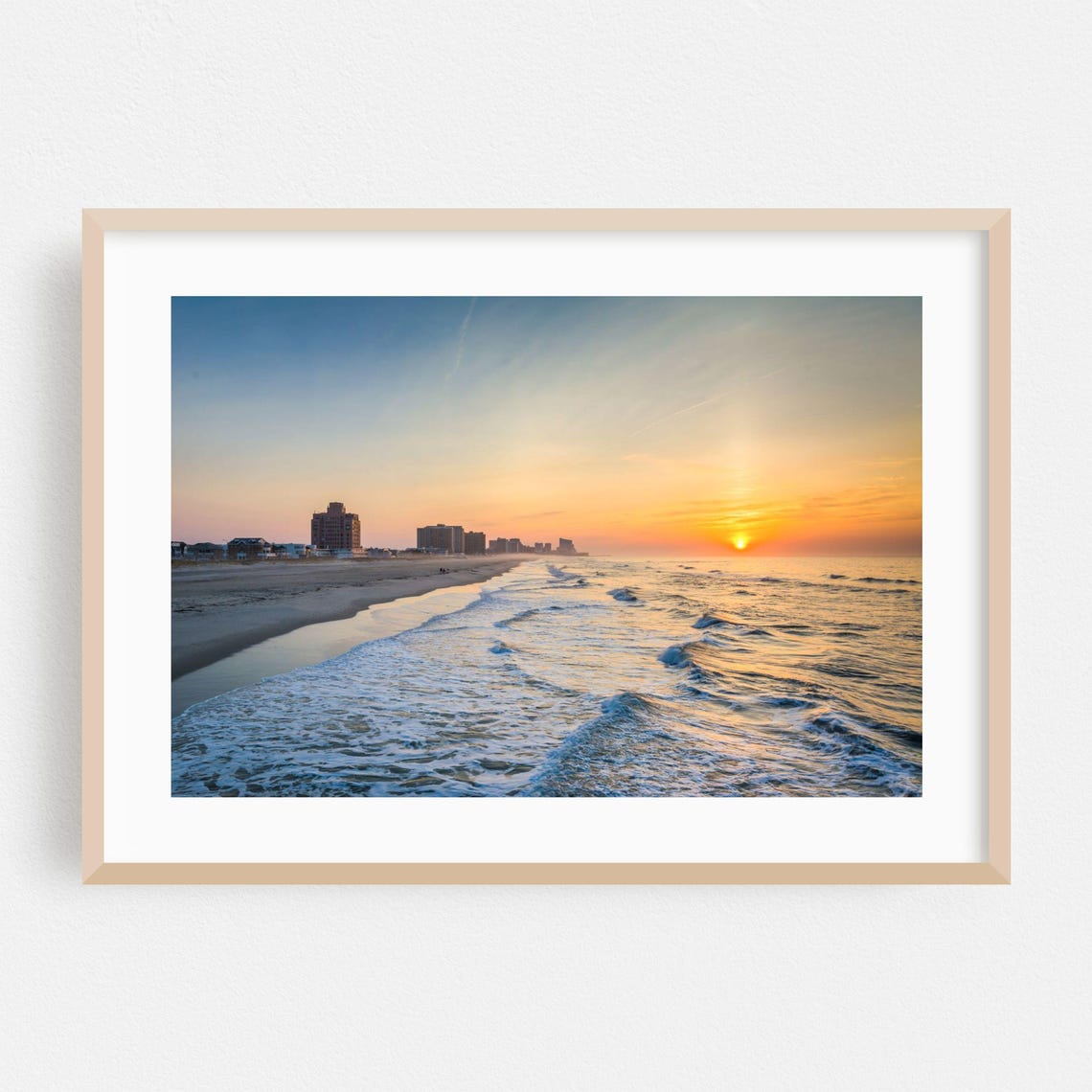 Beach Sunrise Shore City Skyline Waves Photography Golden Poster