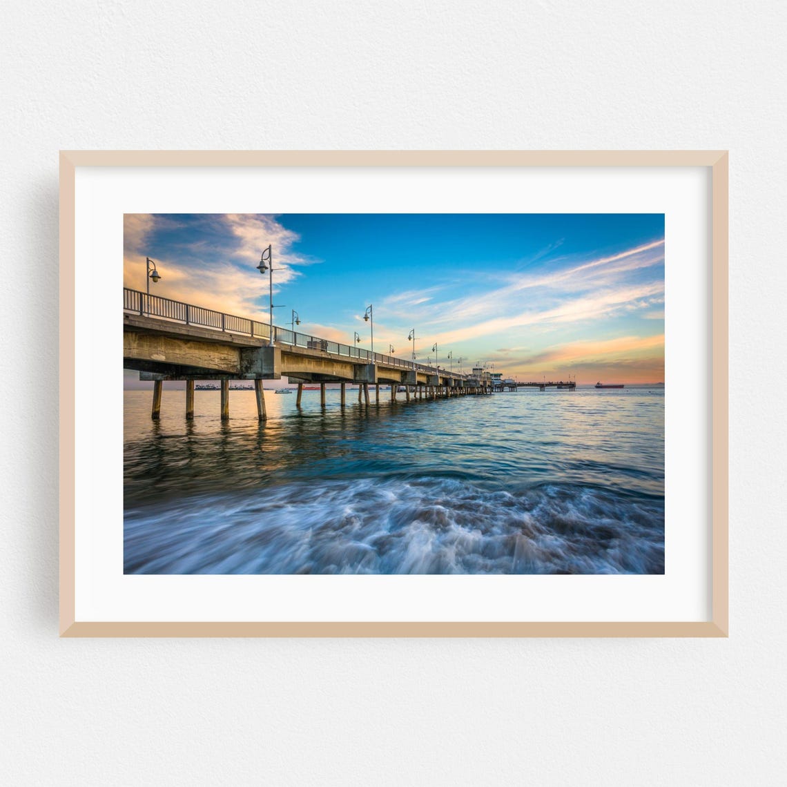 Long Beach California Sunset Pier Ocean Waves Photography Poster