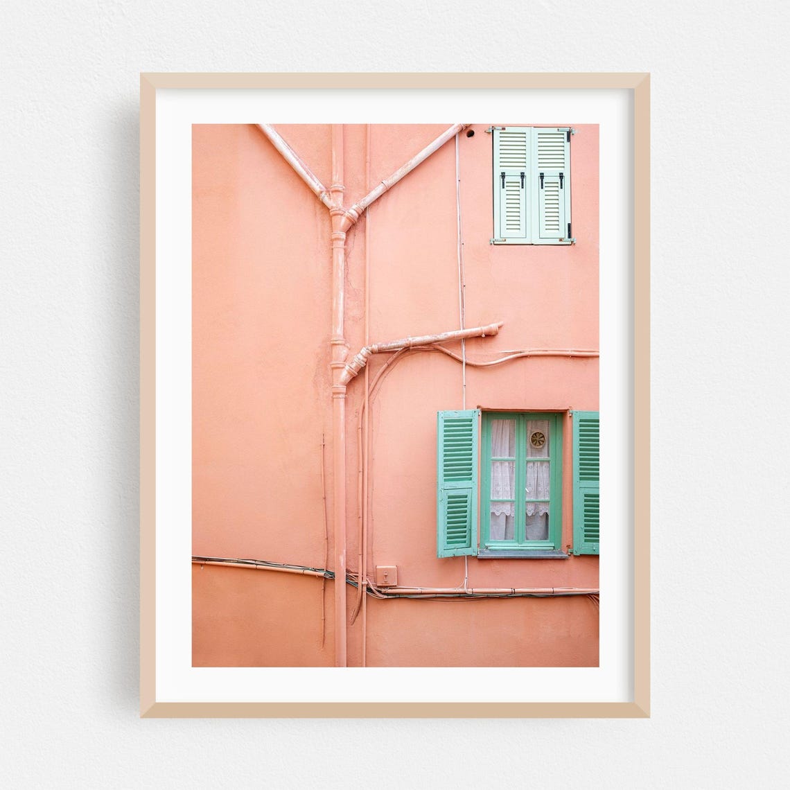 Peach Facade With Mint Green Shutters Mediterranean Coastal Poster
