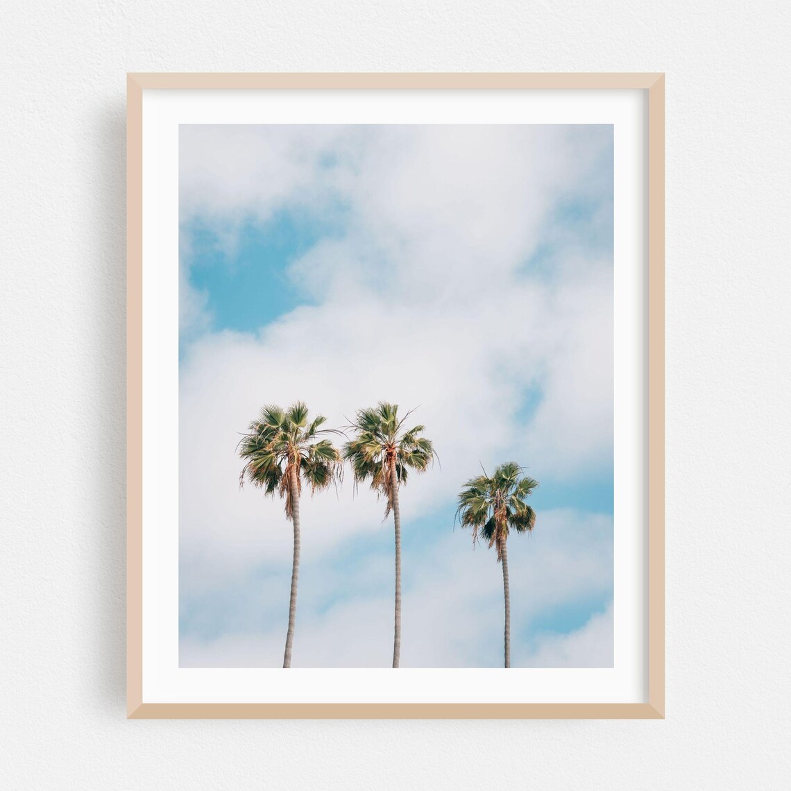Three Tall Palm Trees Against Bright Blue Sky Minimalist Coastal Poster