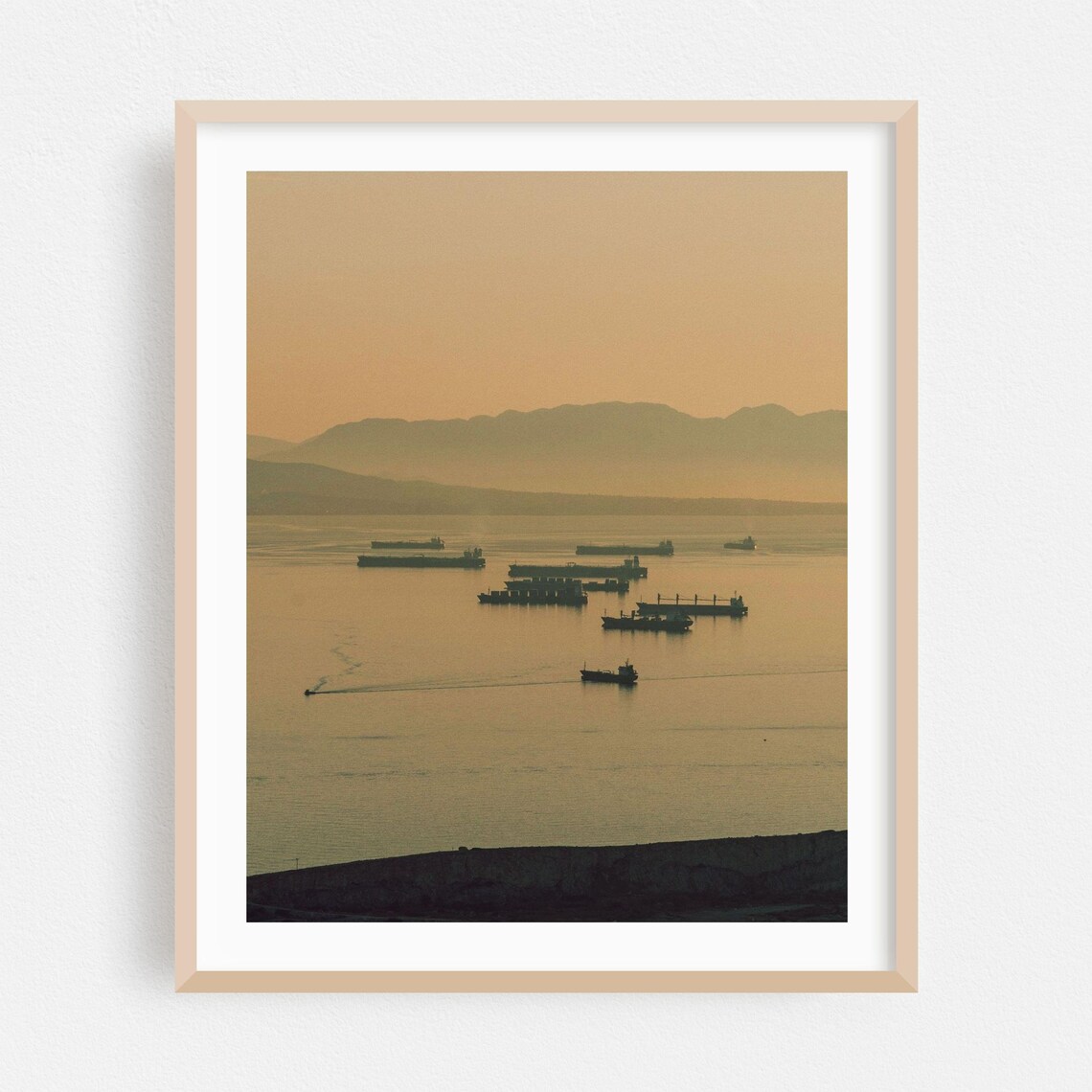 Harbor Ships Silhouette At Golden Sunset Seascape Photo Art Poster