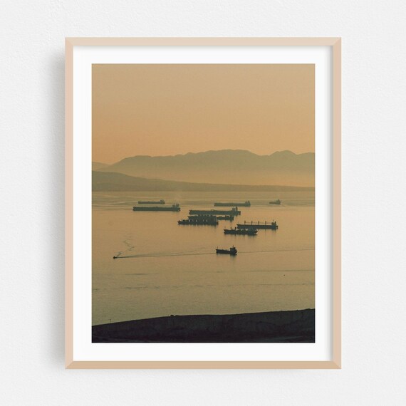 Harbor Ships Silhouette At Golden Sunset Seascape Photo Art Poster