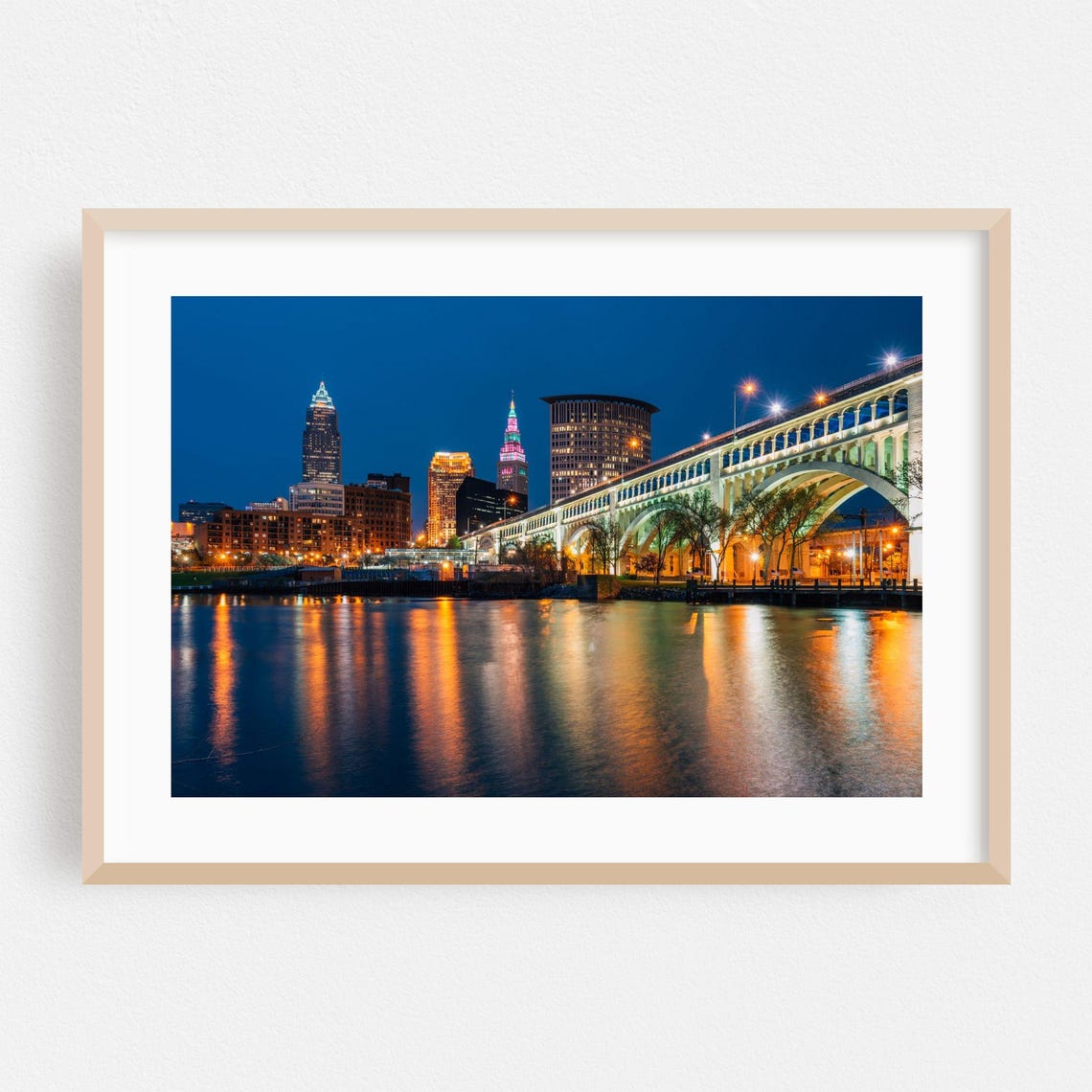 Cleveland Ohio Downtown Night Skyline River Bridge Lights Poster
