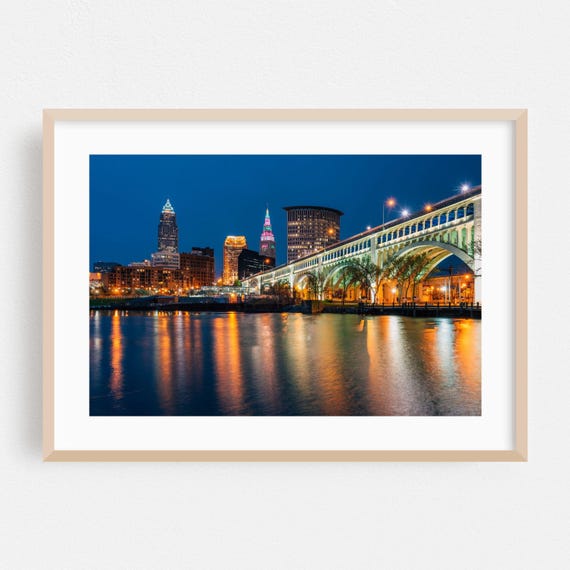 Cleveland Print Ohio Wall Art Cityscape Framed Nightlife Home Decor Skyline Poster Bridge Fine Architecture Night Sky