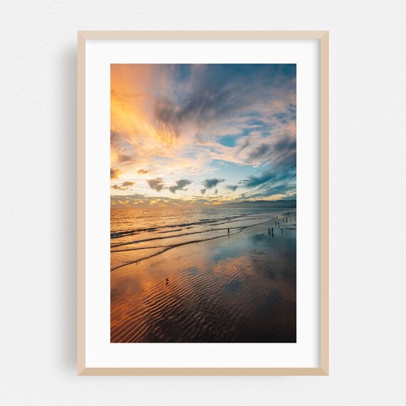 Santa Monica Beach Golden Sunset Print Wet Sand Ocean Reflection Art