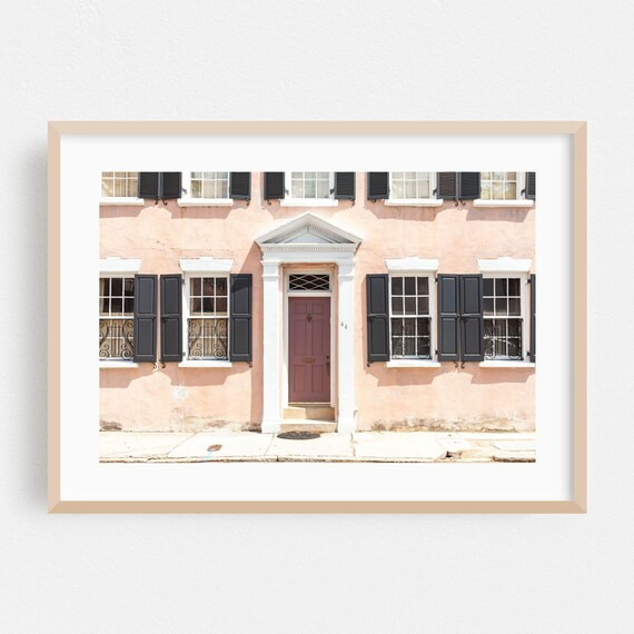 Charleston Pink Historic House Facade Dark Shutters Southern Poster