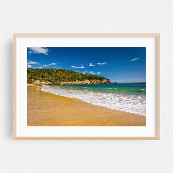 Maine Coast Beach Photography Print Forested Headland Golden Sand View